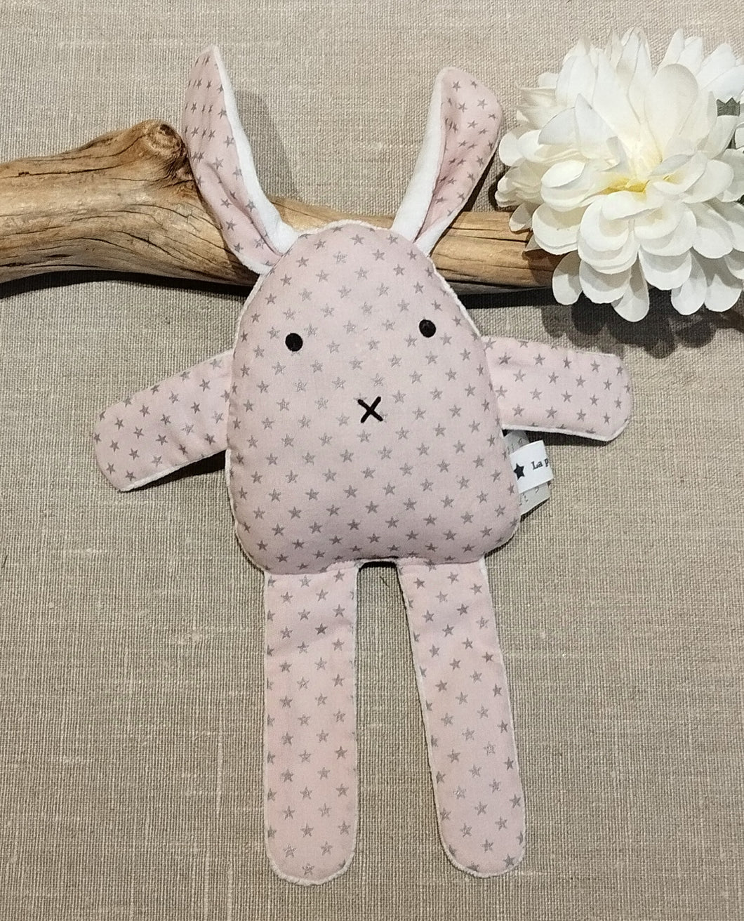 Doudou lapin rose étoiles argentées